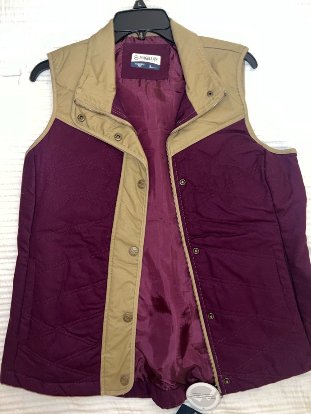 Magellan Outdoors Women's Quilted Vest in Burgundy with Tan Trim
